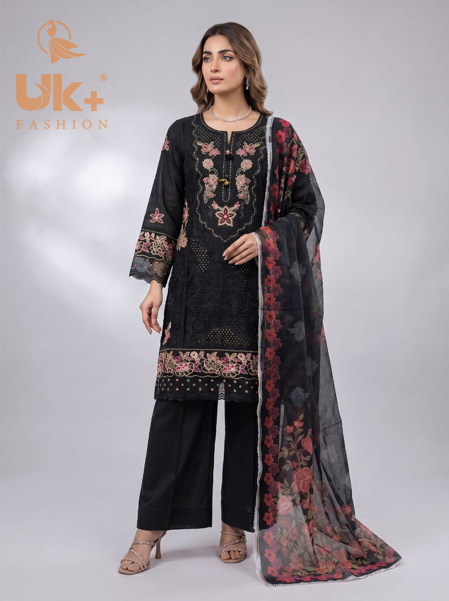 3Pc Embroidered Cotton Shirt, Trouser, Dupatta