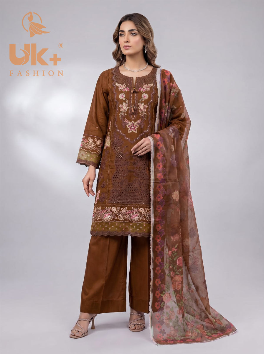 3Pc Embroidered Cotton Shirt, Trouser, Dupatta