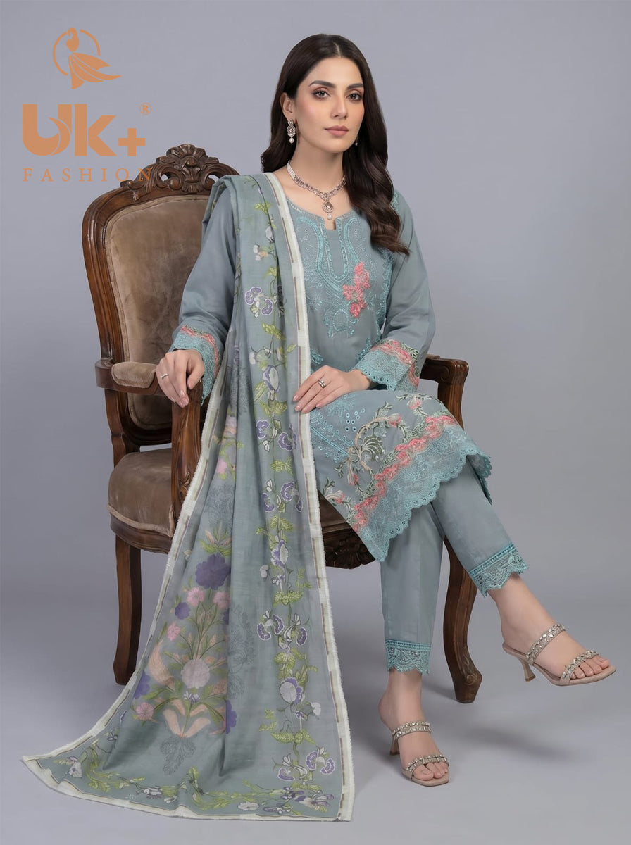 3Pc Embroidered Cotton Shirt, Trouser, Dupatta