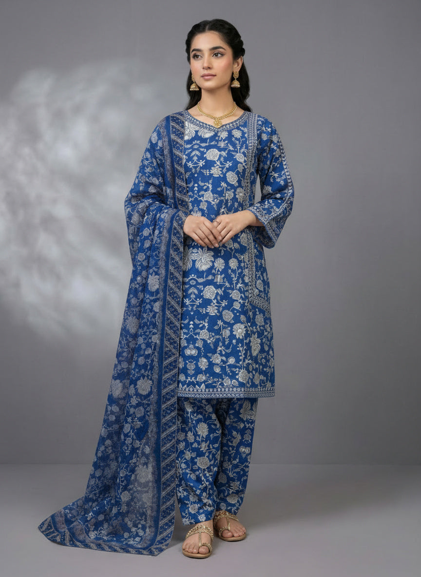 3Pc Embroidered & printed Bona Dora Shirt, Plazo, Dupatta