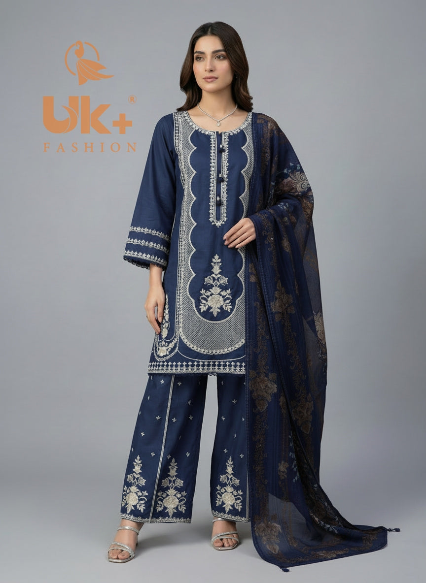 3Pc Embroidered Cotton Shirt, Plazo, Dupatta