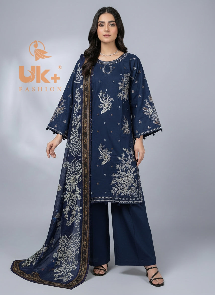 3Pc Embroidered Cotton Shirt, Plazo, Dupatta