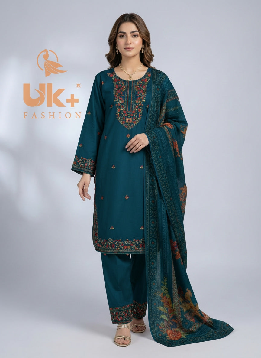 3Pc Embroidered Cotton Shirt, Trouser, Dupatta