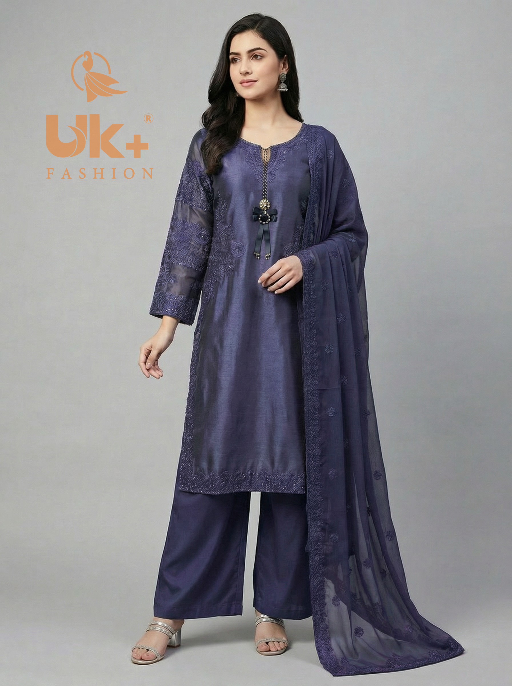 3Pc Embroidered Sheesha Silk Shirt, Plazo, Dupatta