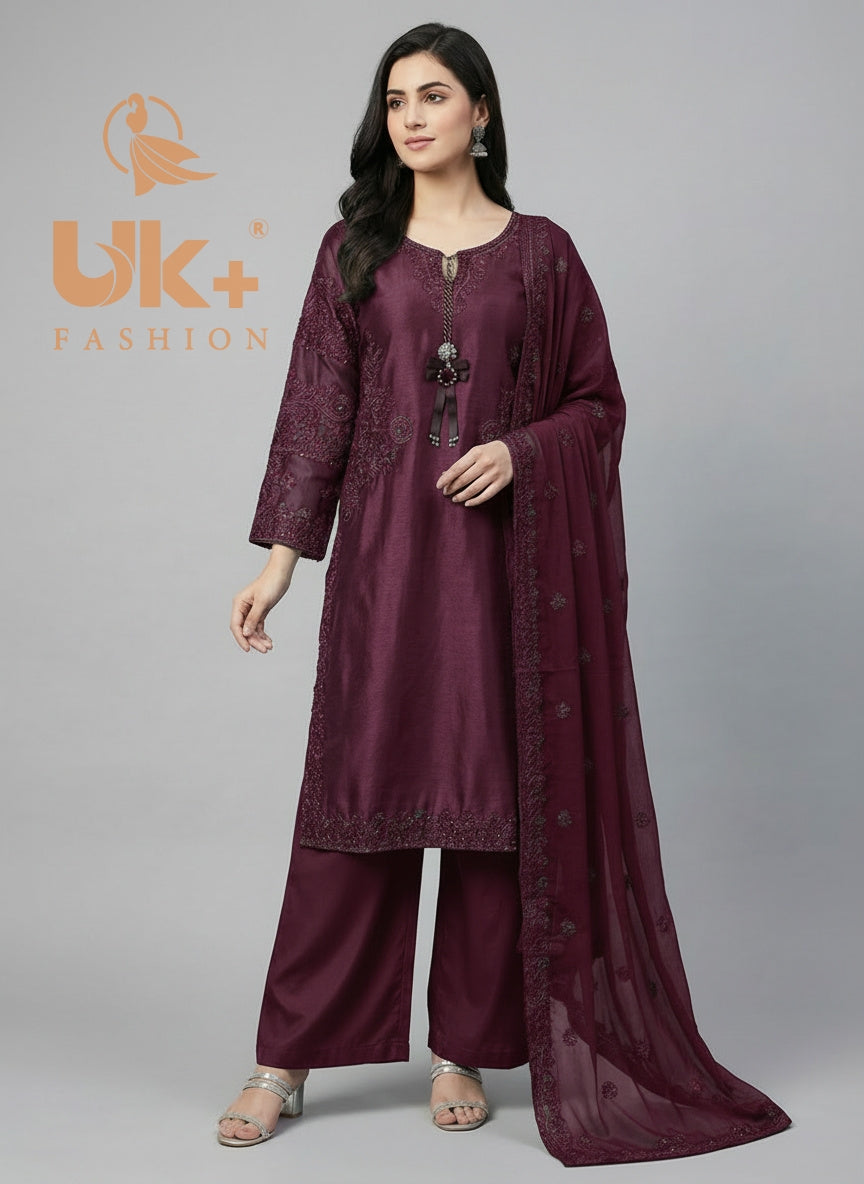 3Pc Embroidered Sheesha Silk Shirt, Plazo, Dupatta