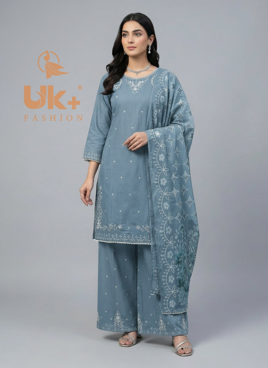 3Pc Embroidered Cotton Shirt, Plazo, Dupatta