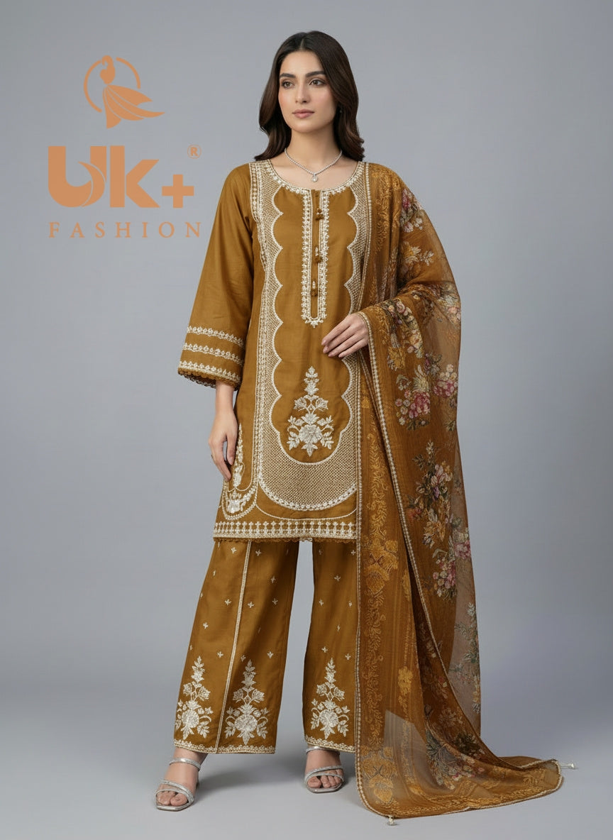 3Pc Embroidered Cotton Shirt, Plazo, Dupatta