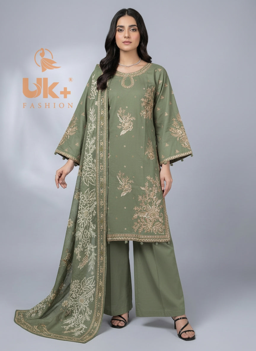 3Pc Embroidered Cotton Shirt, Plazo, Dupatta