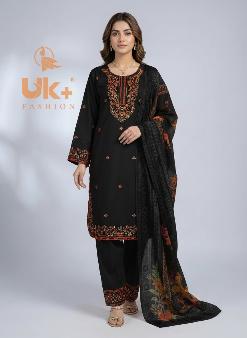 3Pc Embroidered Cotton Shirt, Trouser, Dupatta