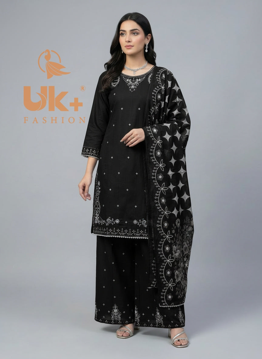 3Pc Embroidered Cotton Shirt, Plazo, Dupatta