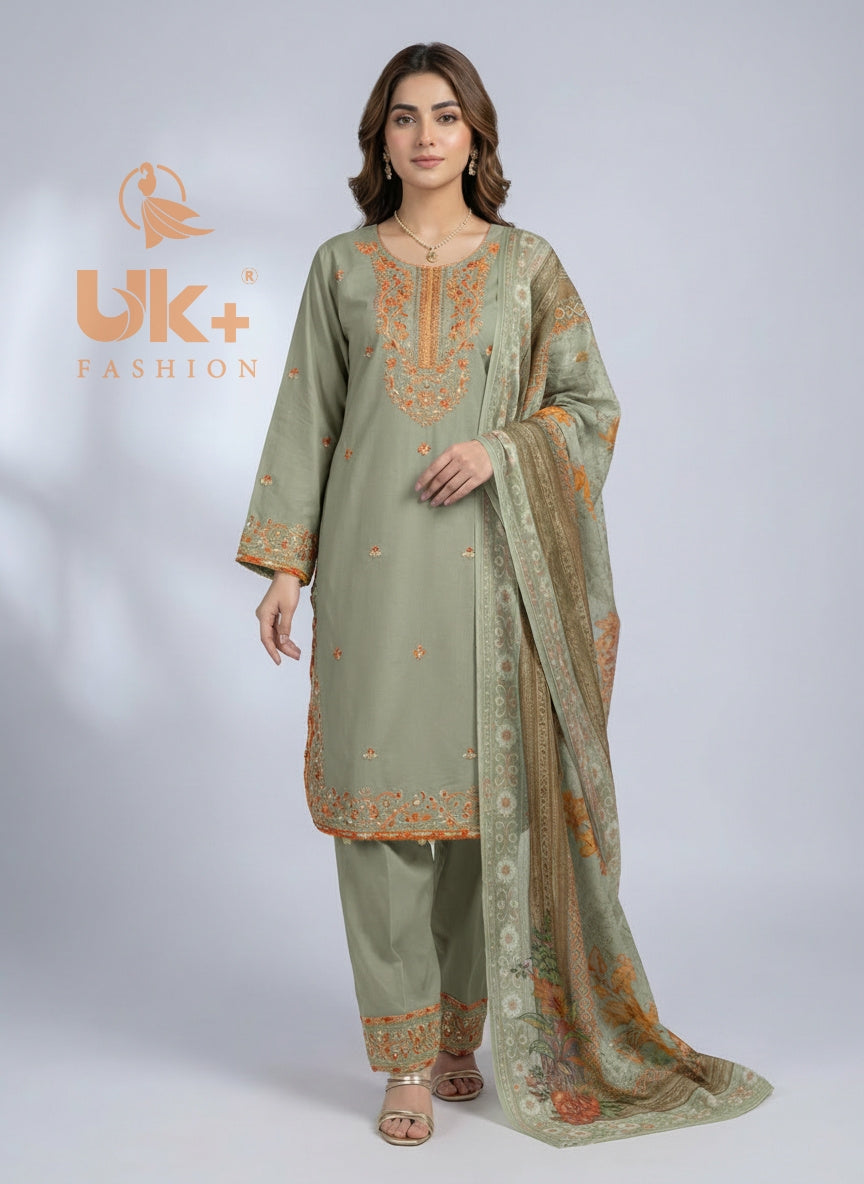 3Pc Embroidered Cotton Shirt, Trouser, Dupatta