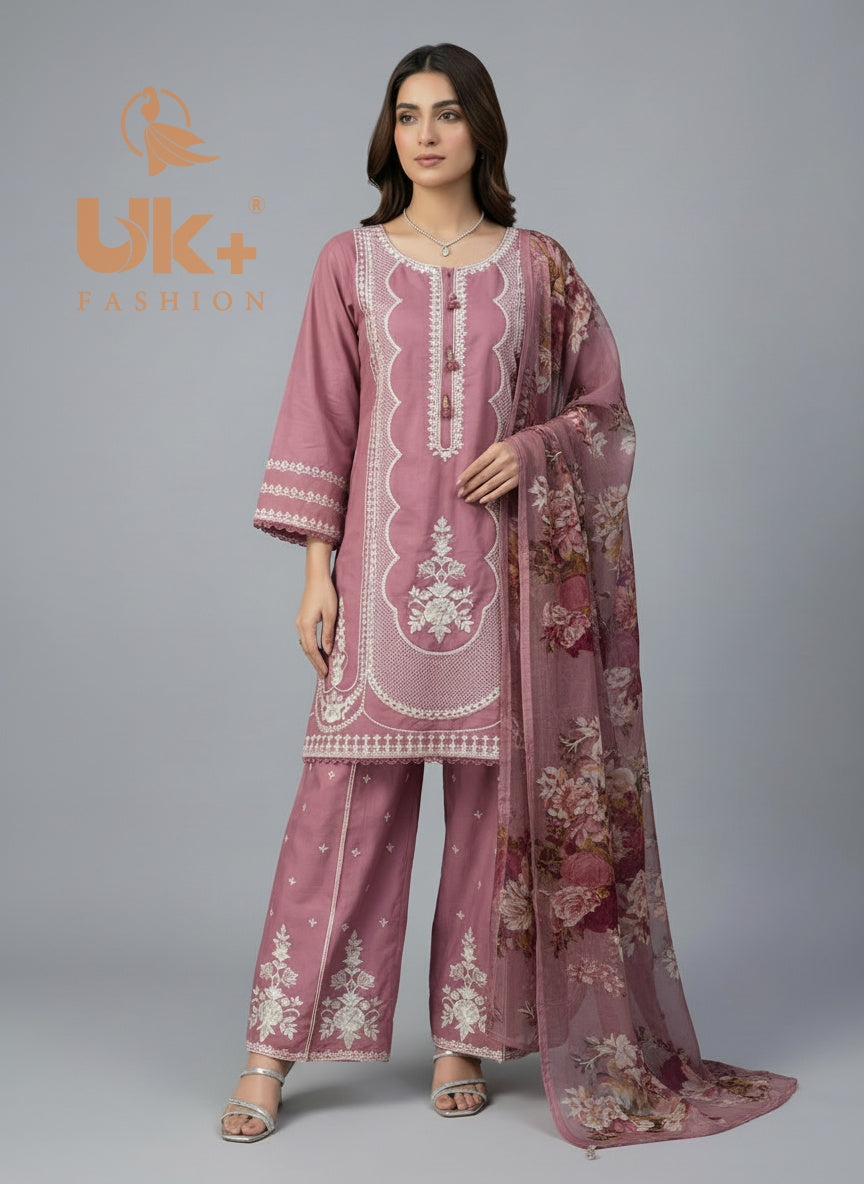 3Pc Embroidered Cotton Shirt, Plazo, Dupatta