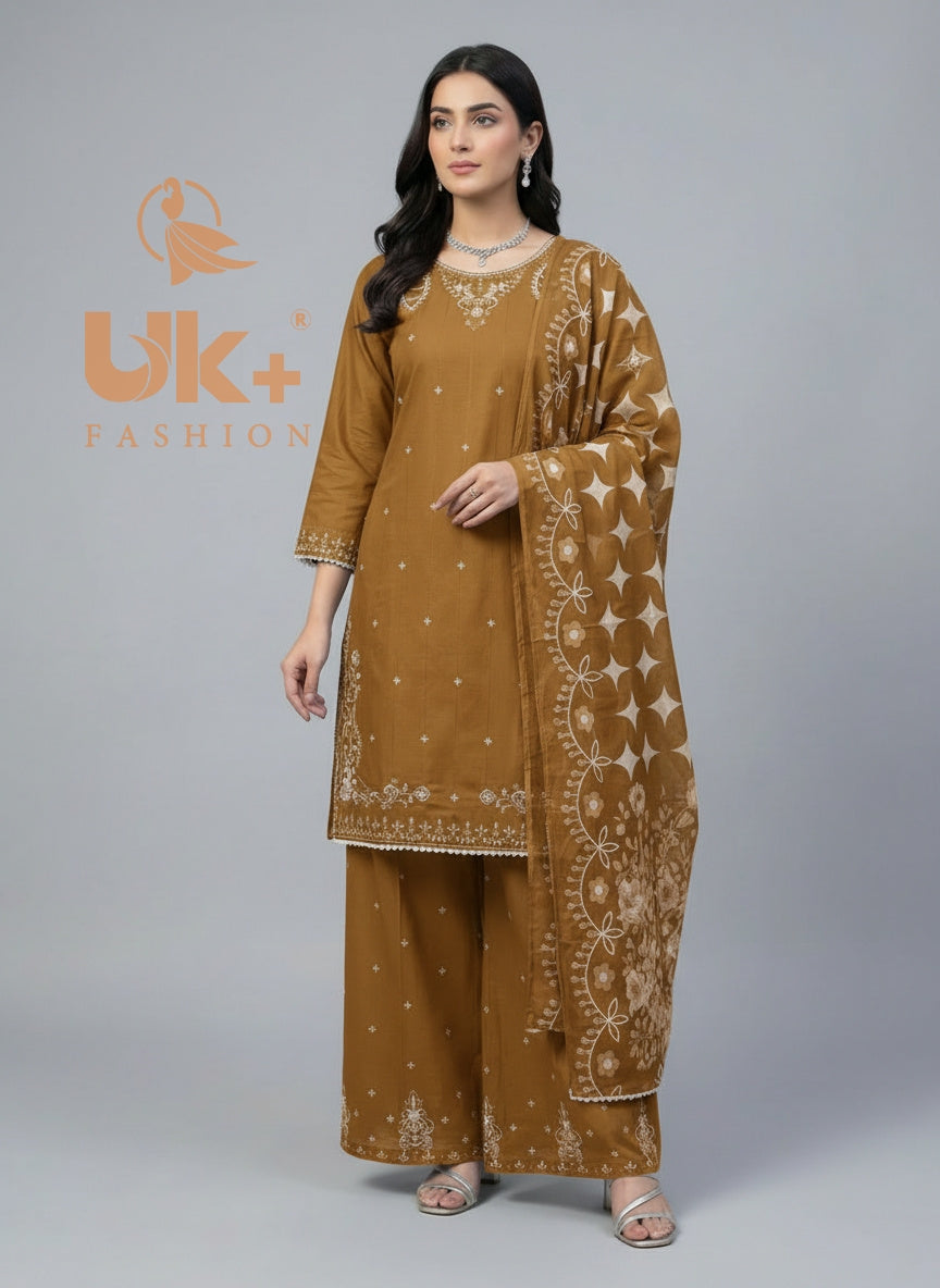 3Pc Embroidered Cotton Shirt, Plazo, Dupatta