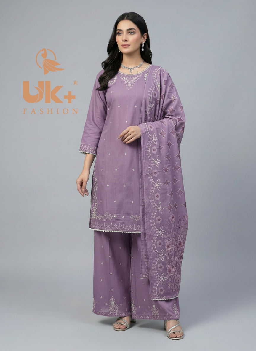 3Pc Embroidered Cotton Shirt, Plazo, Dupatta