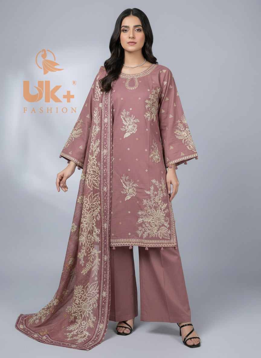 3Pc Embroidered Cotton Shirt, Plazo, Dupatta