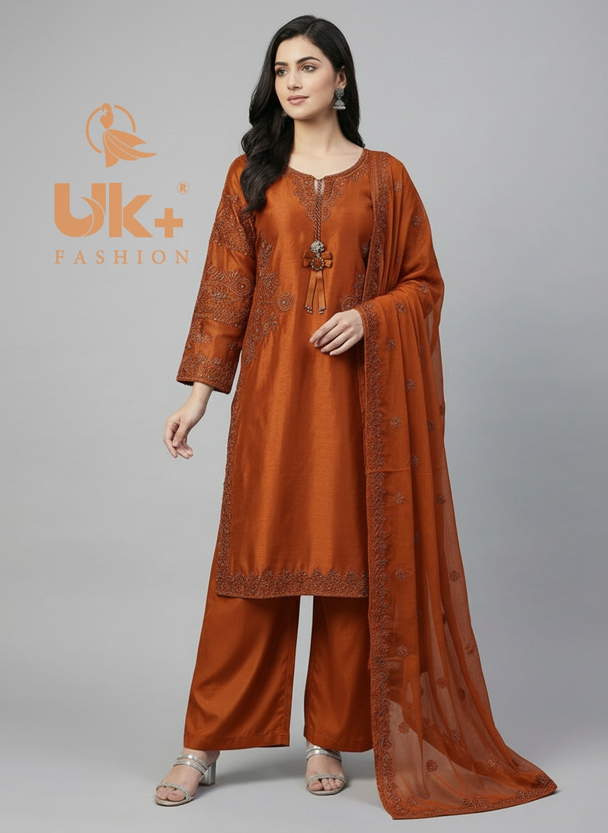 3Pc Embroidered Sheesha Silk Shirt, Plazo, Dupatta