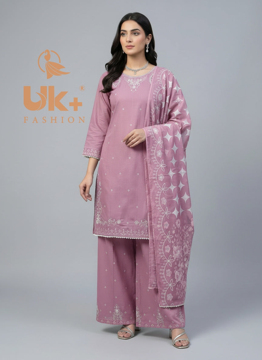 3Pc Embroidered Cotton Shirt, Plazo, Dupatta