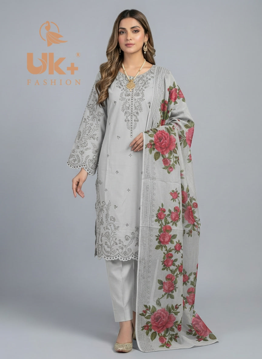 3Pc Embroidered Cotton Shirt, Trouser, Dupatta