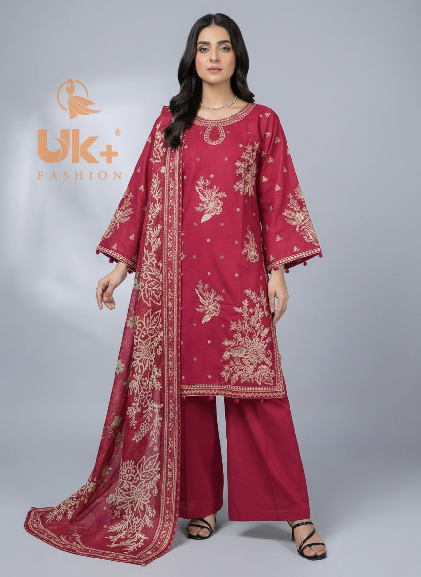 3Pc Embroidered Cotton Shirt, Plazo, Dupatta