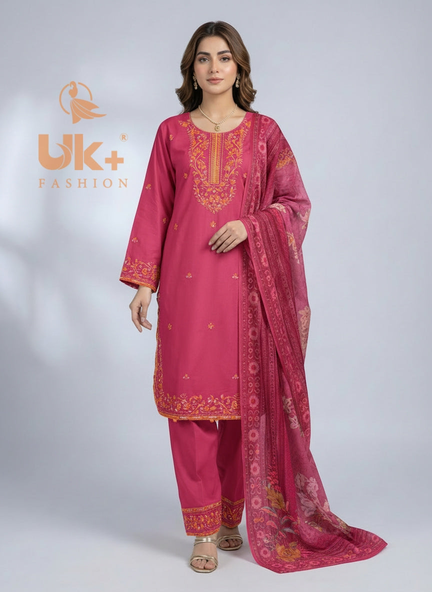 3Pc Embroidered Cotton Shirt, Trouser, Dupatta