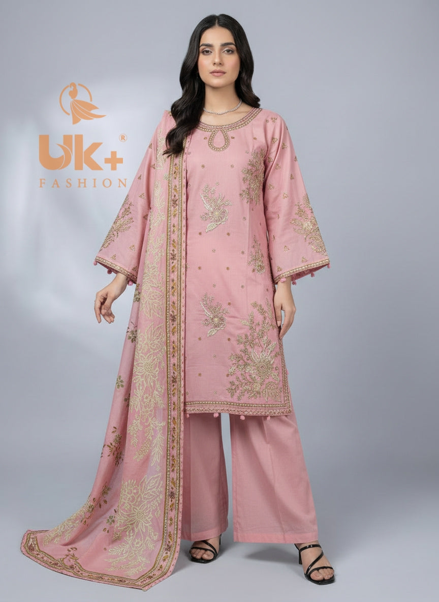 3Pc Embroidered Cotton Shirt, Plazo, Dupatta