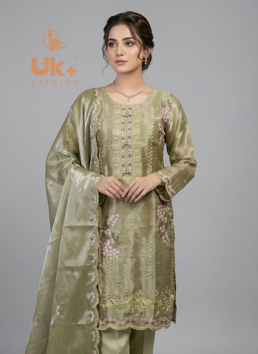 3Pc Embroidered Sheesha Silk Shirt, Shalwar, Dupatta