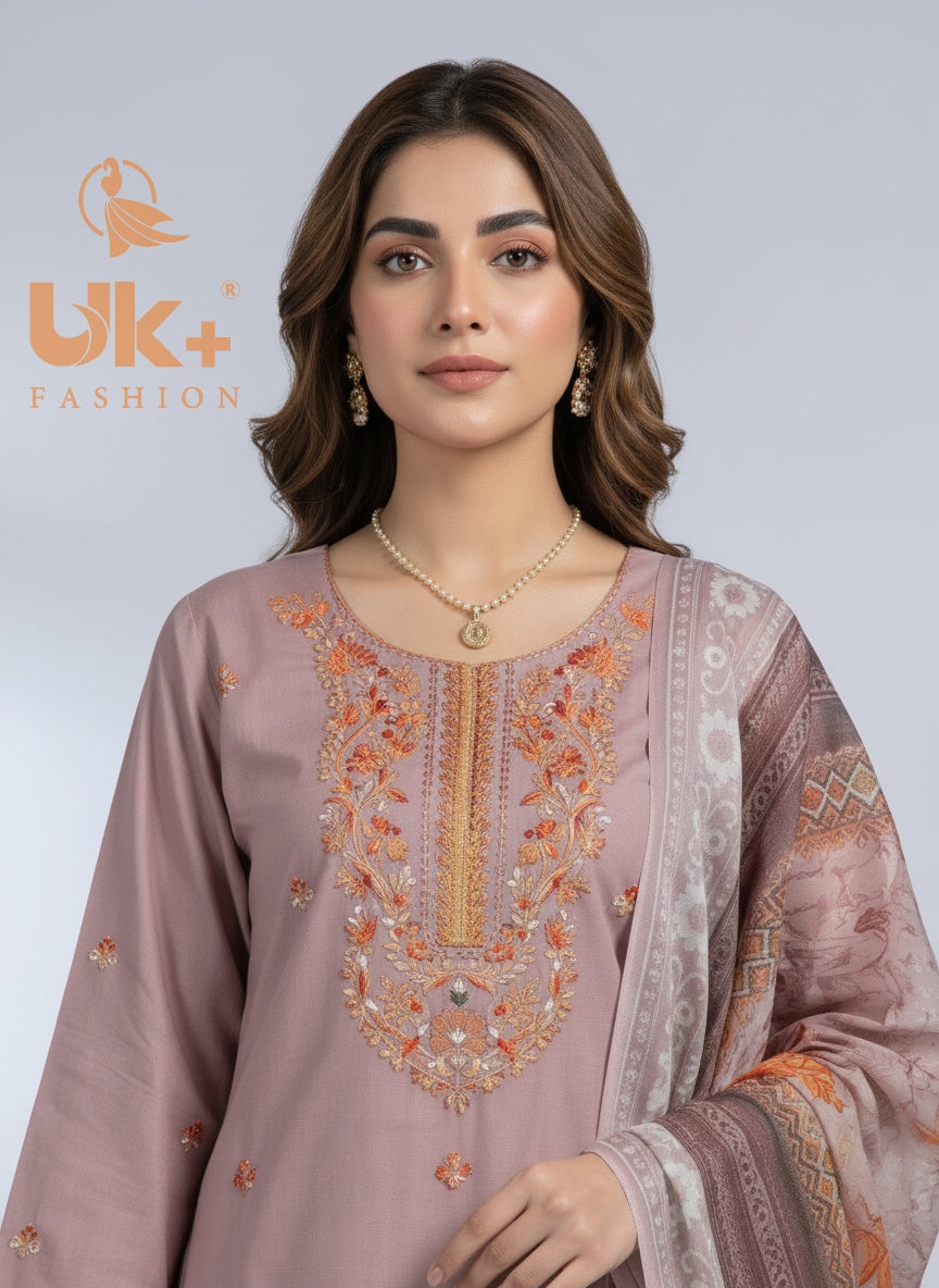 3Pc Embroidered Cotton Shirt, Trouser, Dupatta