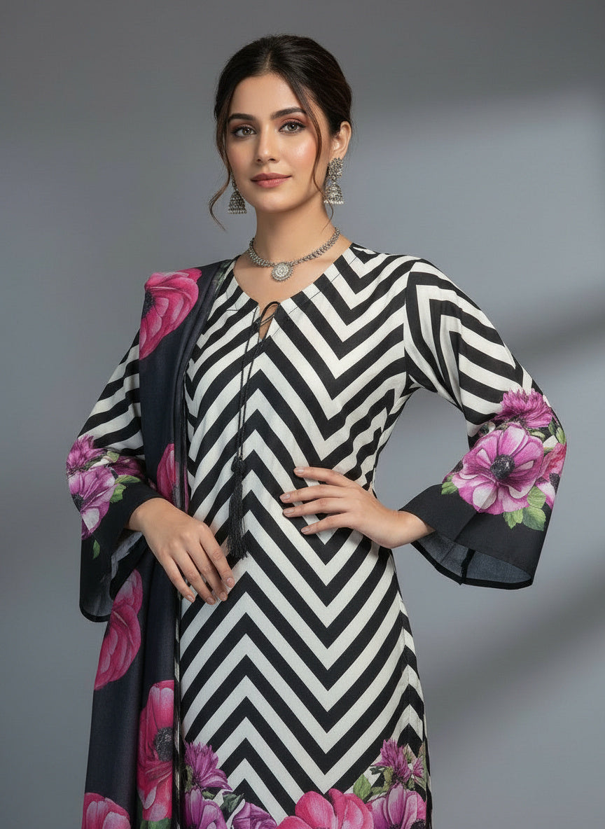 3Pc Printed Bona Dora Silk, Shirt Plazo Dupatta