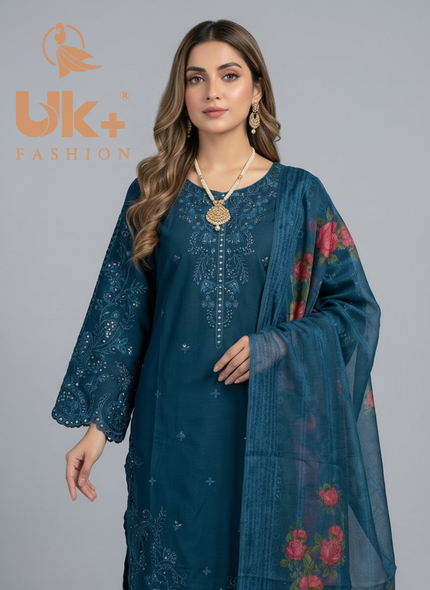 3Pc Embroidered Cotton Shirt, Trouser, Dupatta