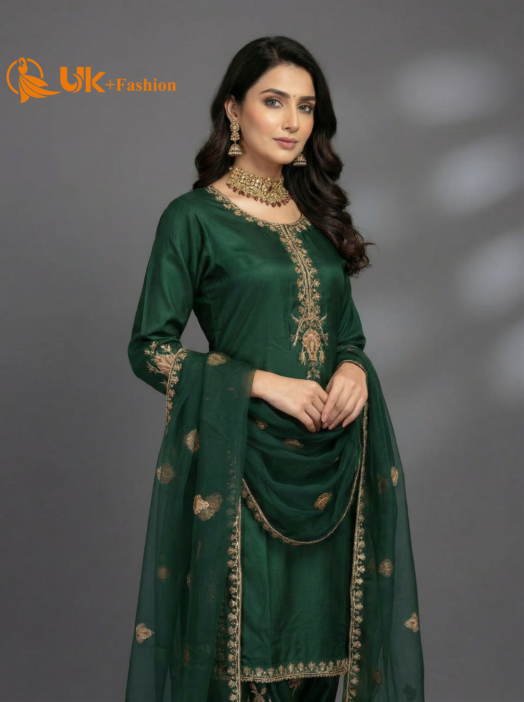 3Pc Embroidered Kataan Silk, Shirt, Farshi Shalwar and Dupatta