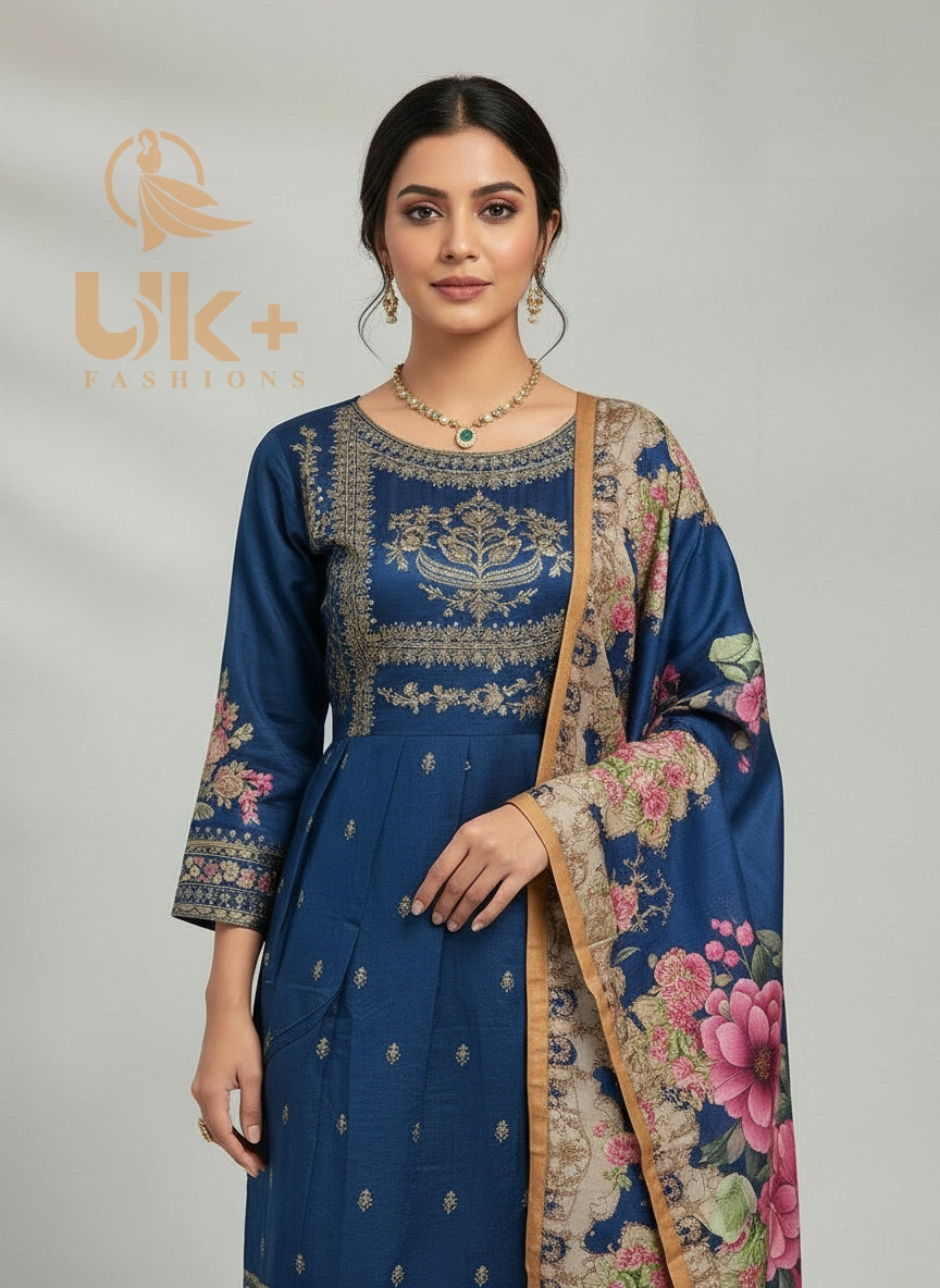 3Pc Embroidered Winter Khaadi Short Frock, Plazo, Dupatta