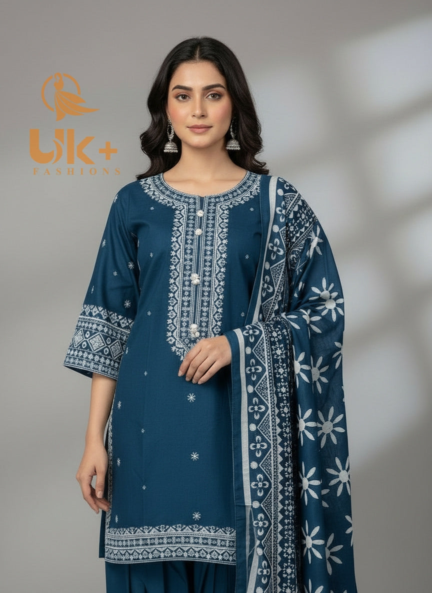 3Pc Embroidered Khaddar Shirt, Farshi Shalwar, Dupatta