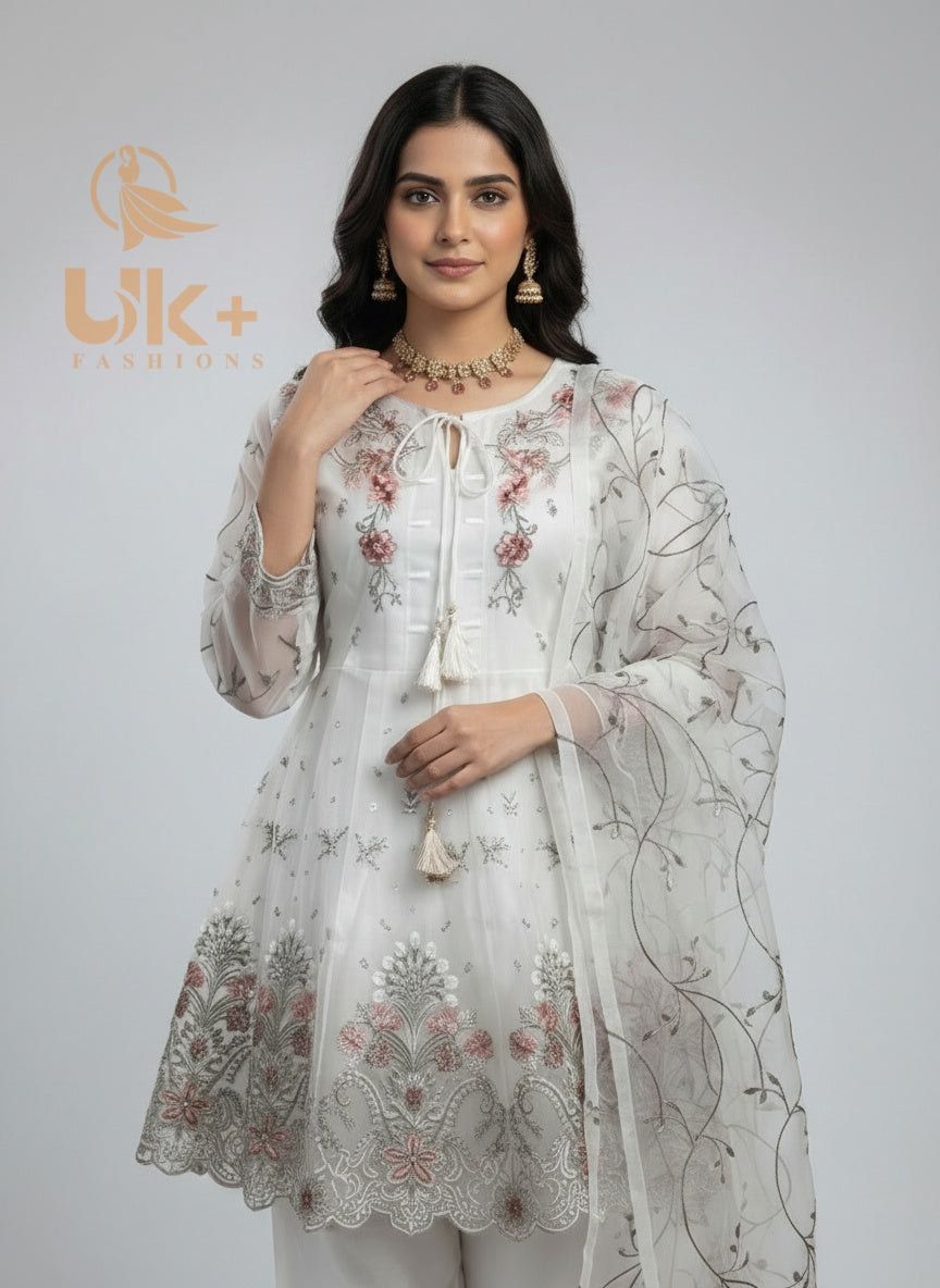 3Pc Embroidered Organza Short Frock, Flapper, Dupatta