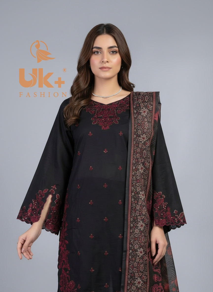 3Pc Embroidered Cotton Shirt, Plazo, Dupatta