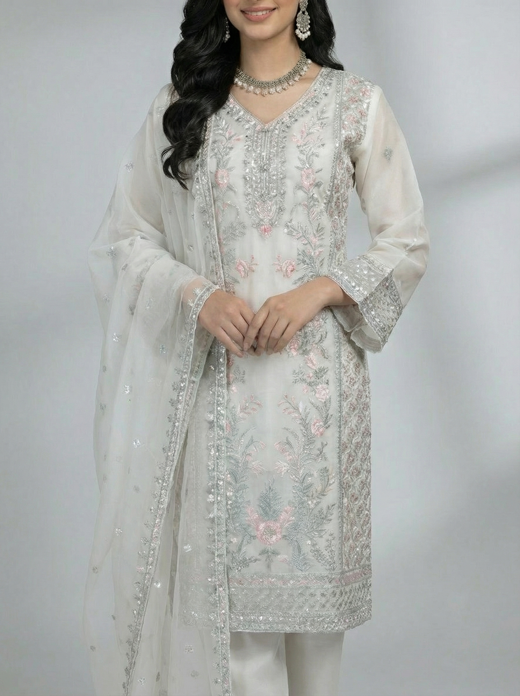 3Pc Embroidered Organza Shirt Shalwar Dupatta