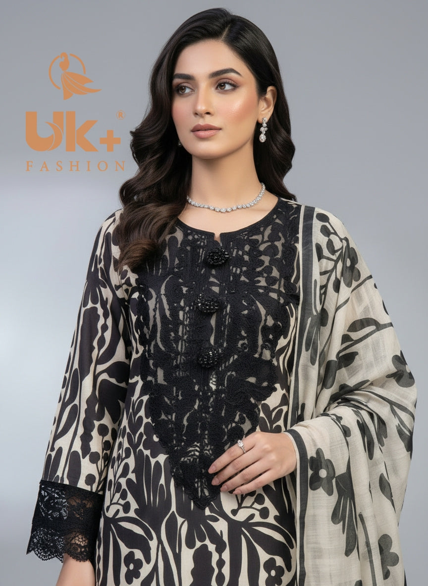 3Pc Printed & Patched Bona Dora Shirt, Plazo, Dupatta