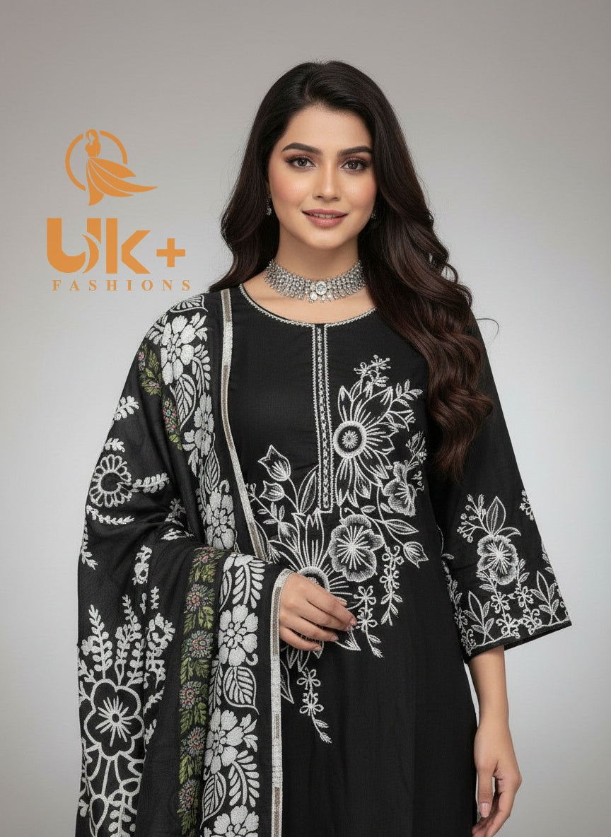 3Pc Embroidered Khaddar Shirt, Plazo, Dupatta