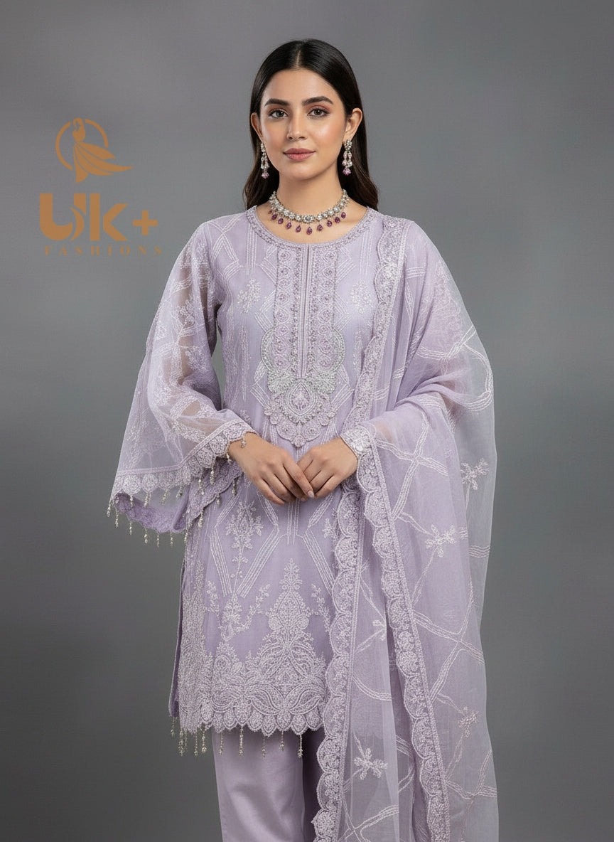 3Pc Embroidered Organza Short Frock, Shalwar, Dupatta