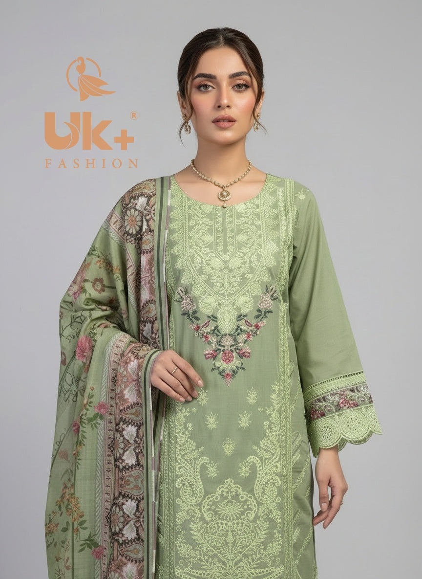 3Pc Embroidered Cotton Shirt, Trouser, Dupatta