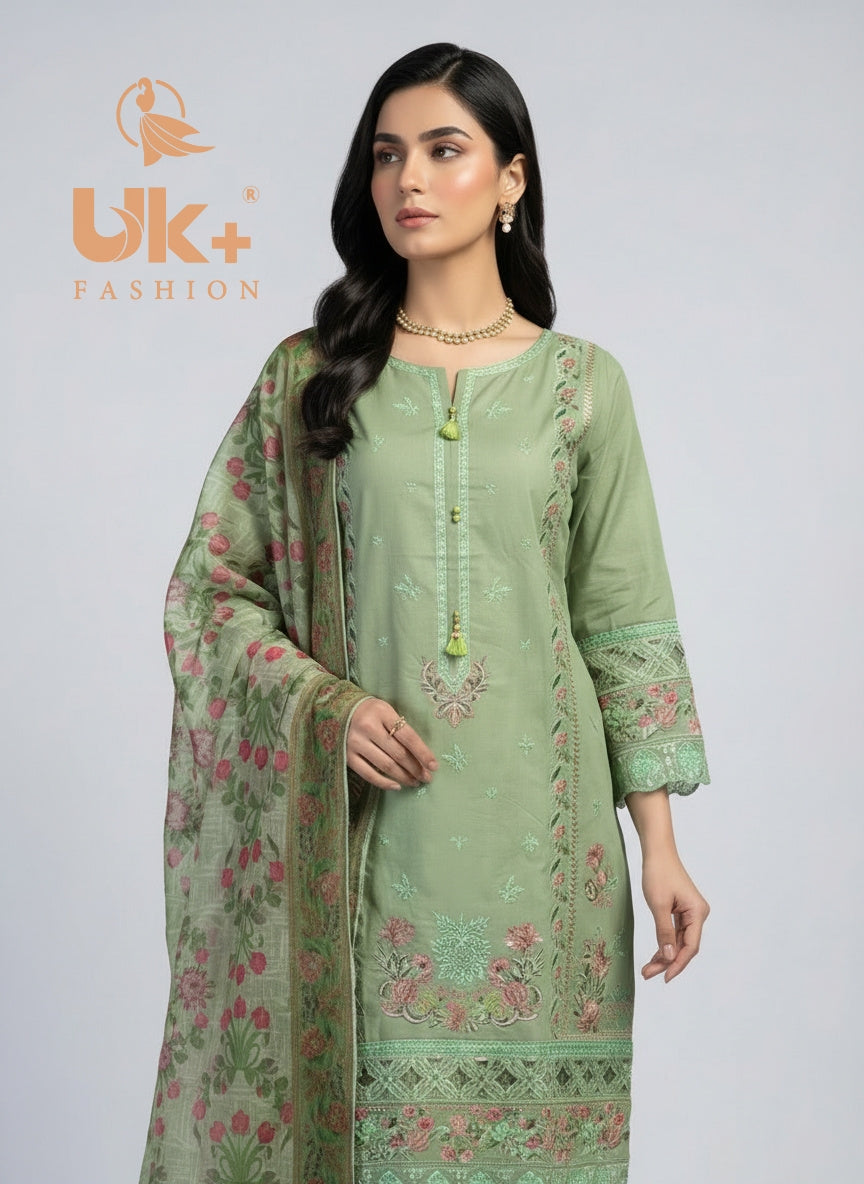 3Pc Embroidered Cotton Shirt, Trouser, Dupatta