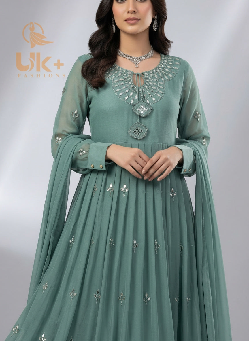 3Pc Mirror Work Chiffon Frock, Shalwar, Dupatta