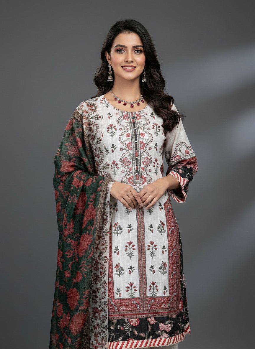 3Pc Embroidered Bona Dora Shirt, Plazo, Dupatta