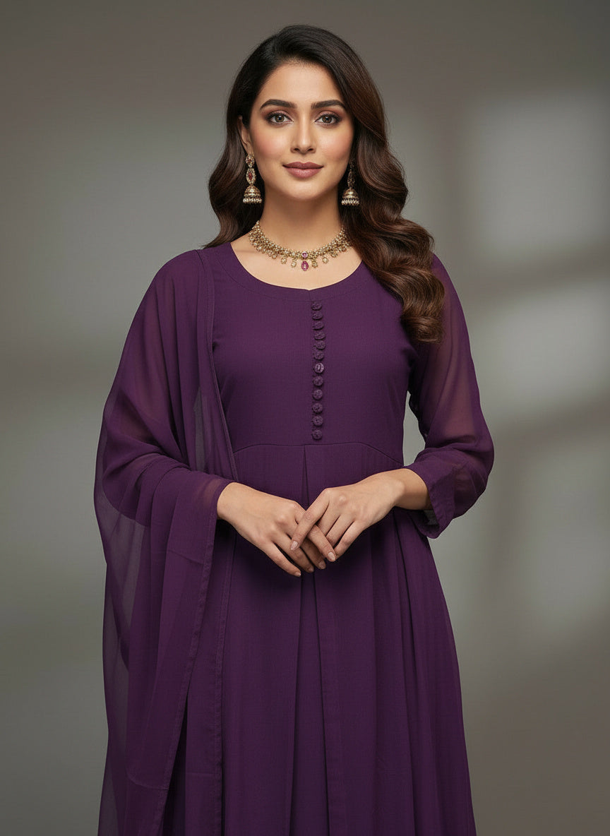 3Pc Chiffon Frock, Trouser Dupatta