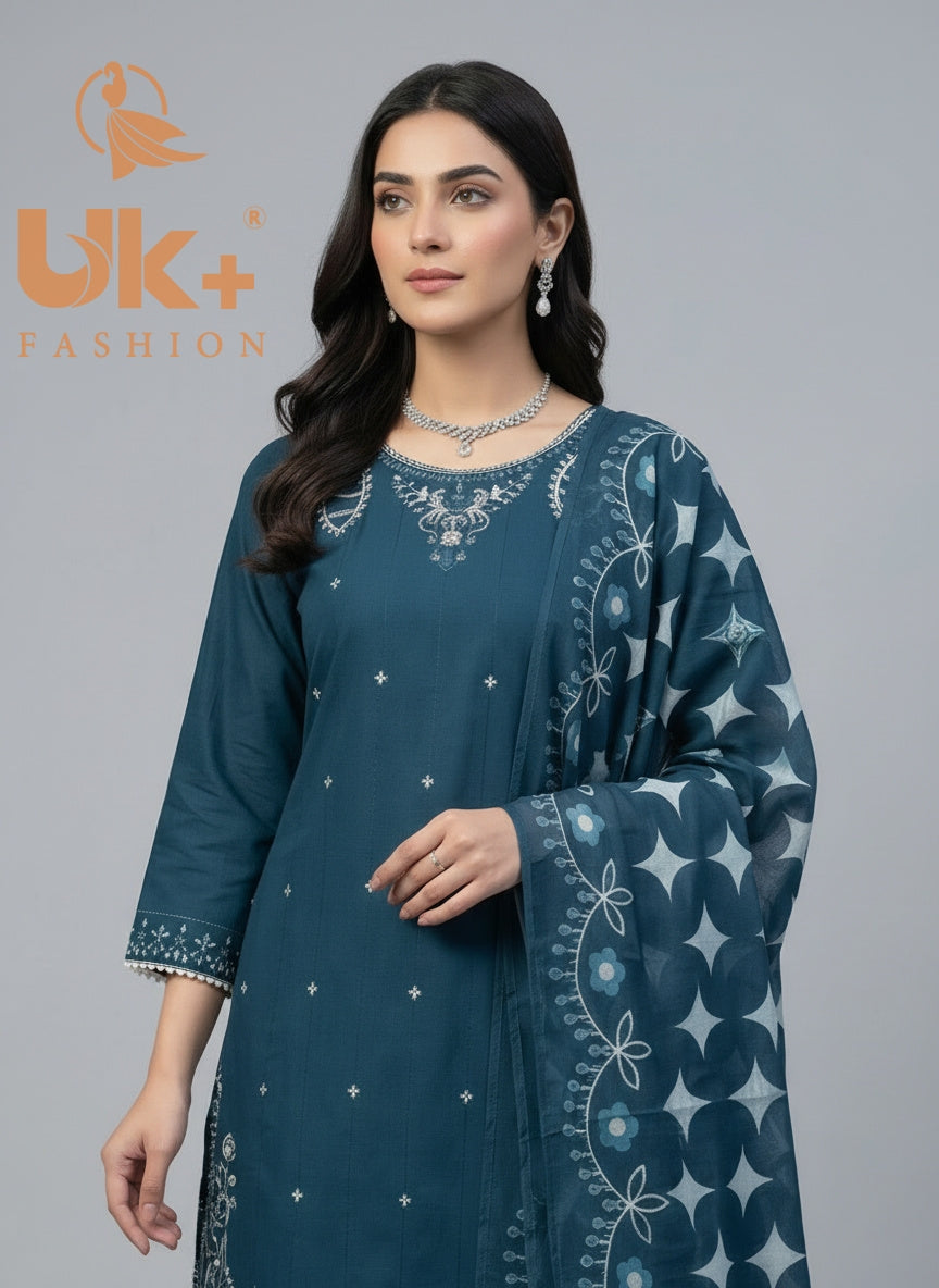 3Pc Embroidered Cotton Shirt, Plazo, Dupatta