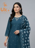 3Pc Embroidered Cotton Shirt, Plazo, Dupatta