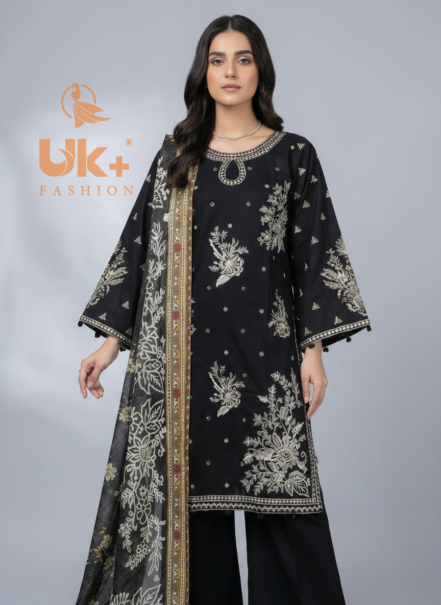 3Pc Embroidered Cotton Shirt, Plazo, Dupatta