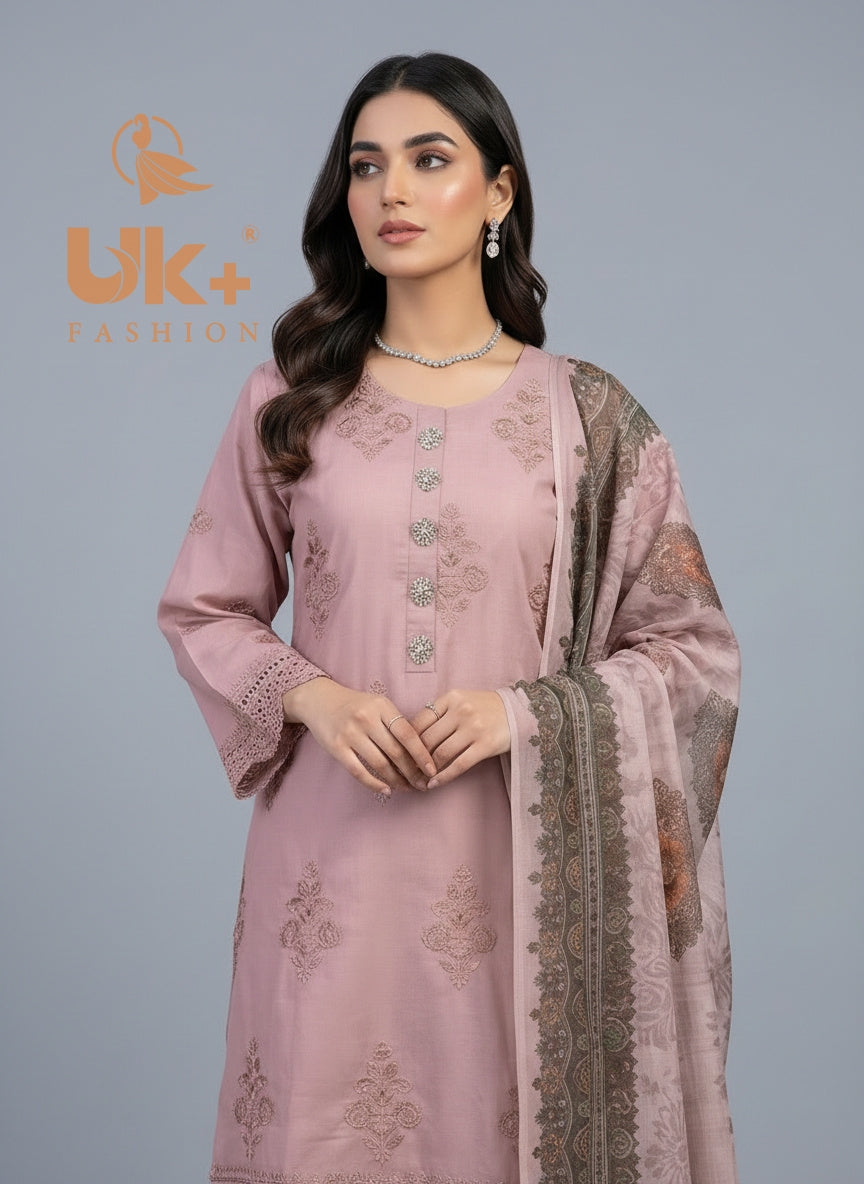 3Pc Embroidered Cotton Shirt, Plazo, Dupatta