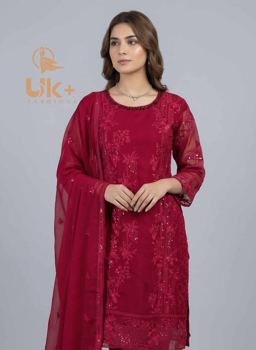 3Pc Embroidered Chiffon Shirt, Shalwar, Dupatta
