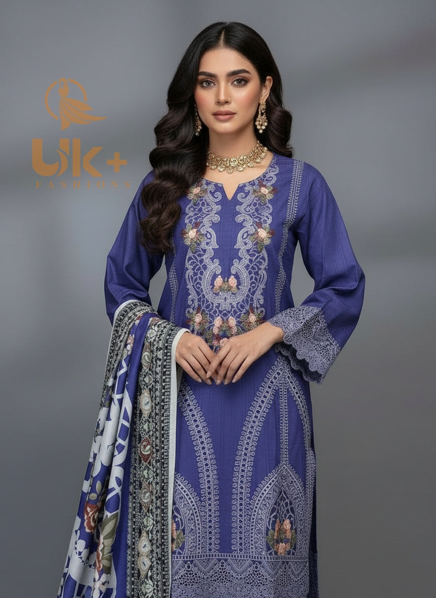 3Pc Embroidered Winter Cotton Shirt, Shalwar, Dupatta