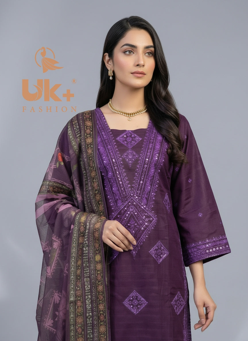 3Pc Embroidered Cotton Shirt, Trouser, Dupatta